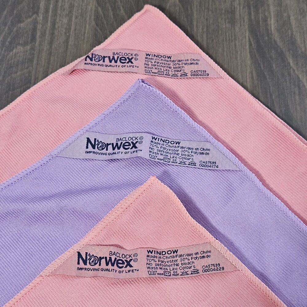 Norwex Window Set – 2 Pink & 1 Purple Microfiber Glass Cleaning Cloths – New - Picture 2 of 4
